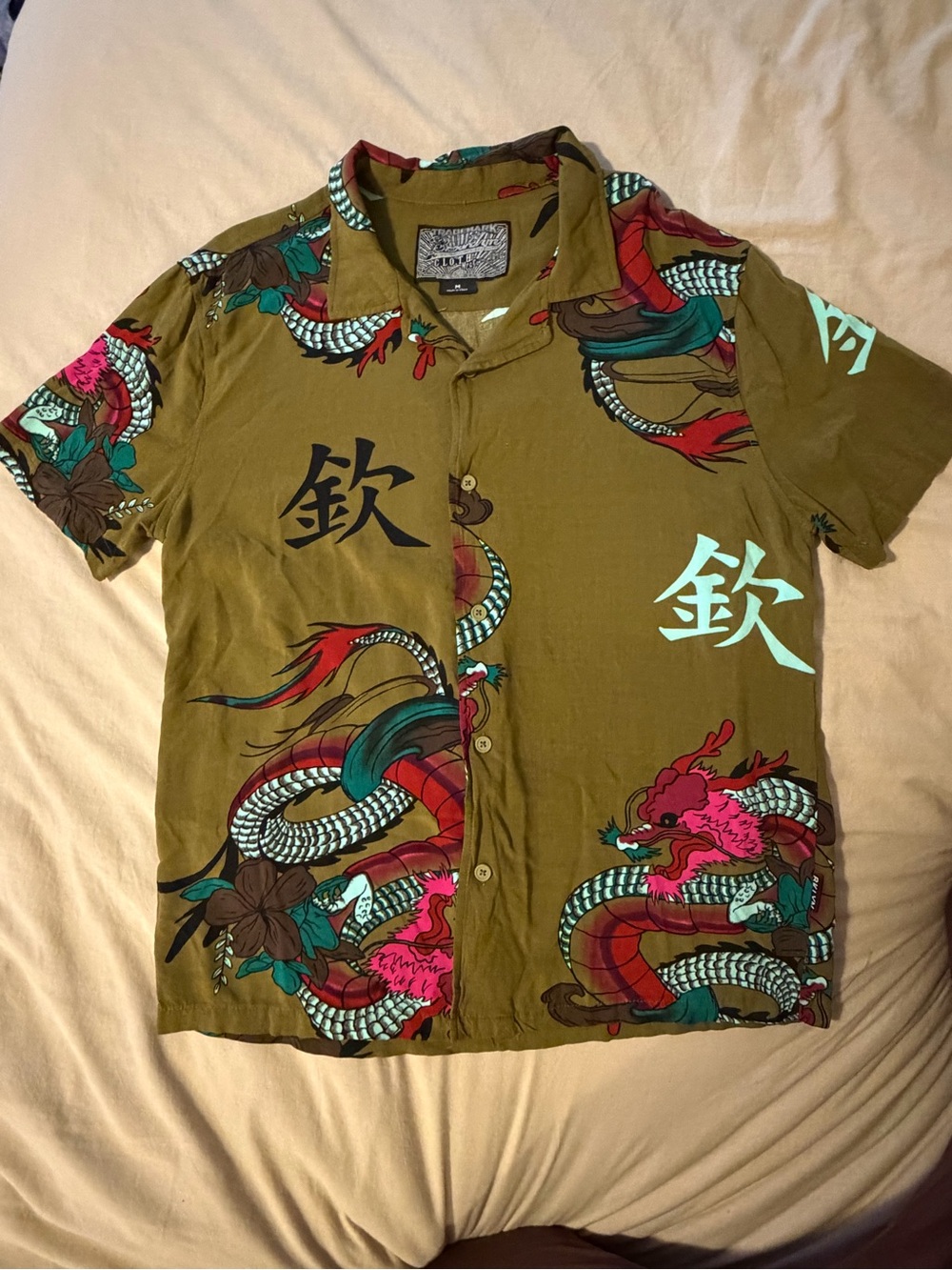 Hot Topic Olive Green Dragon Button-Up Shirt with Red & Teal Accents